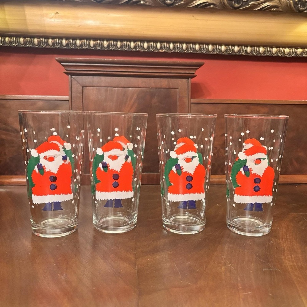 Vintage KIG Indonesia Santa Claus Christmas Tumblers Glasses Set of 4 6" Holiday